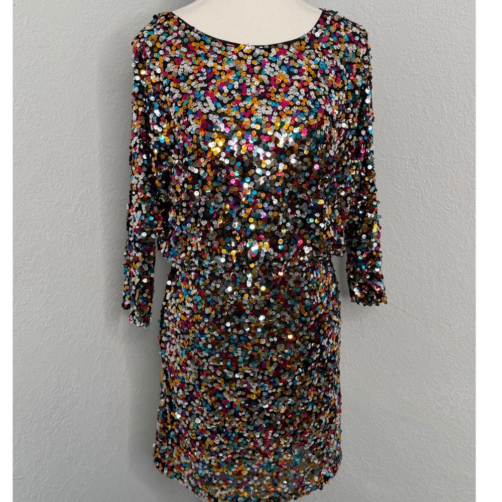 Boston Proper Multicolor Sequin Blouson Mini Dress 3/4 Sleeve Back Size 8